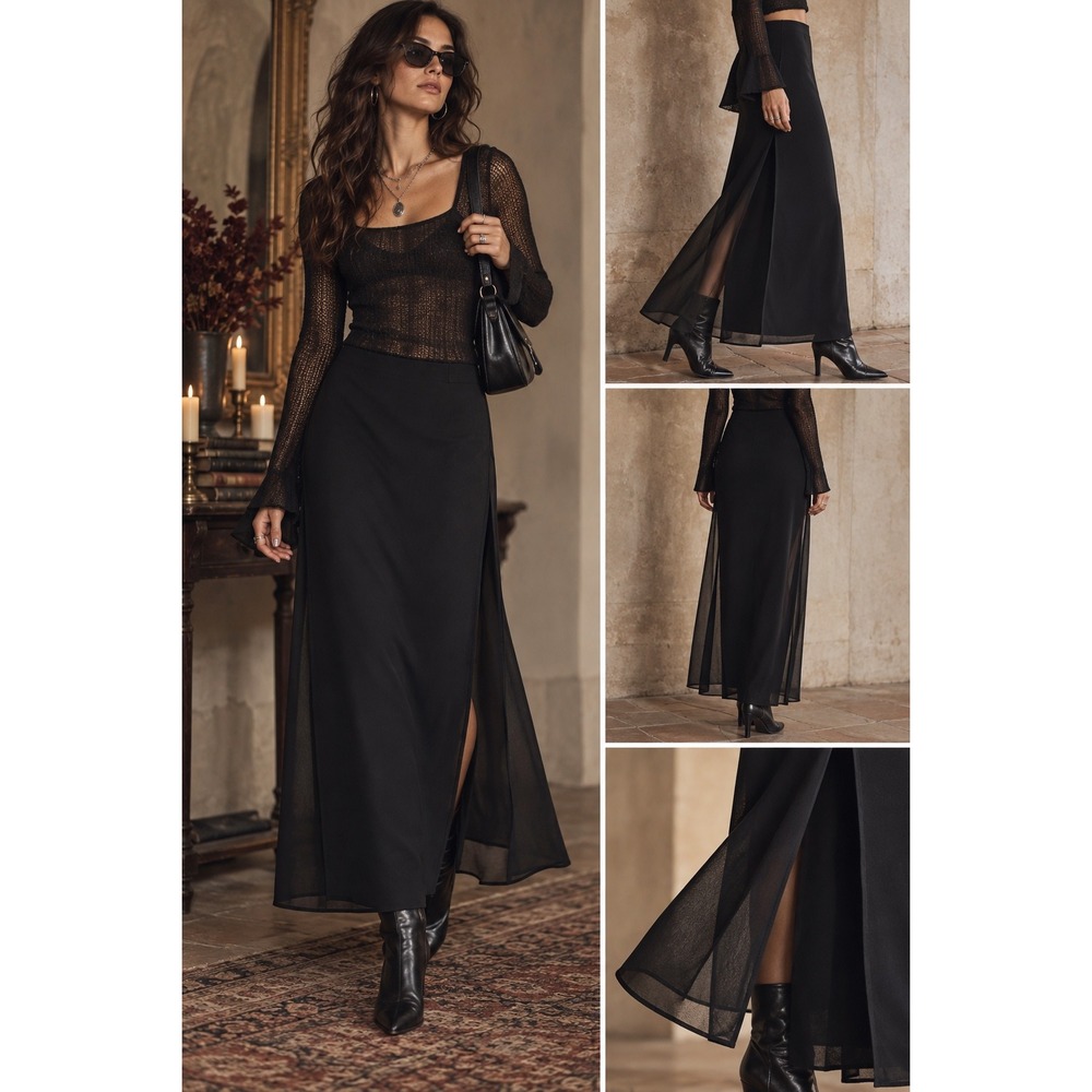 Vintage 90s JS Collections Black Sheer Overlay Maxi Skirt Whimsigoth Goth Size 6
